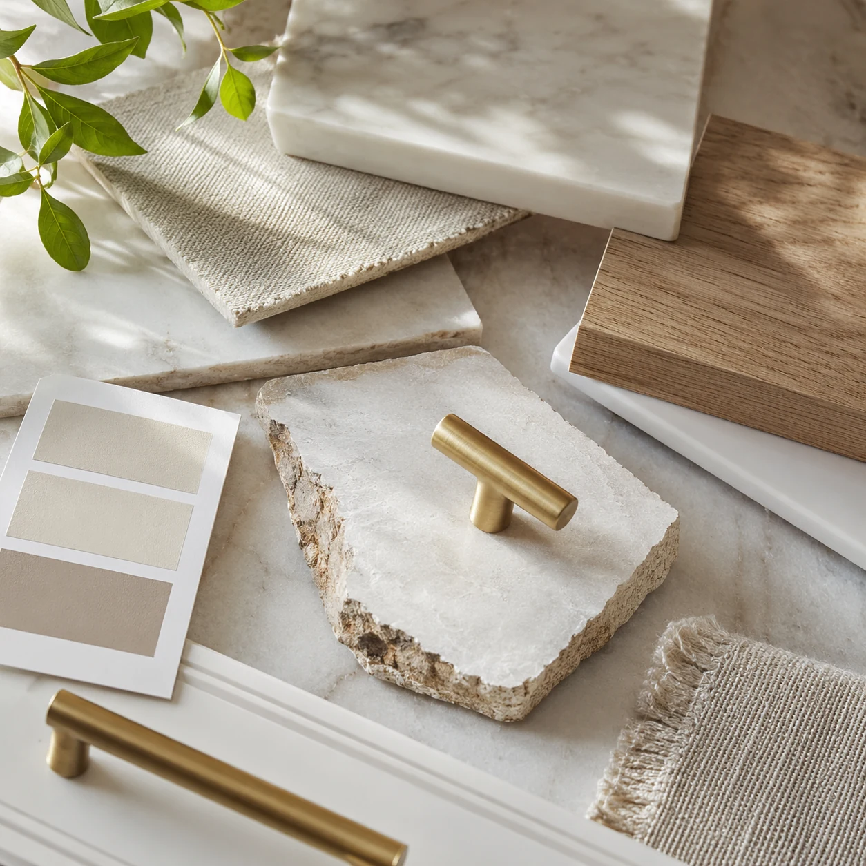 Дизайн интерьера material samples with stone, linen, brass, and natural texture