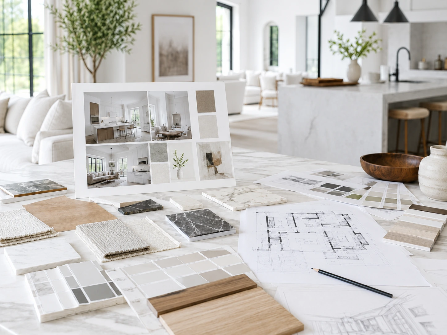 Bright concept дизайн presentation with material samples, floor plans, and refined interior direction