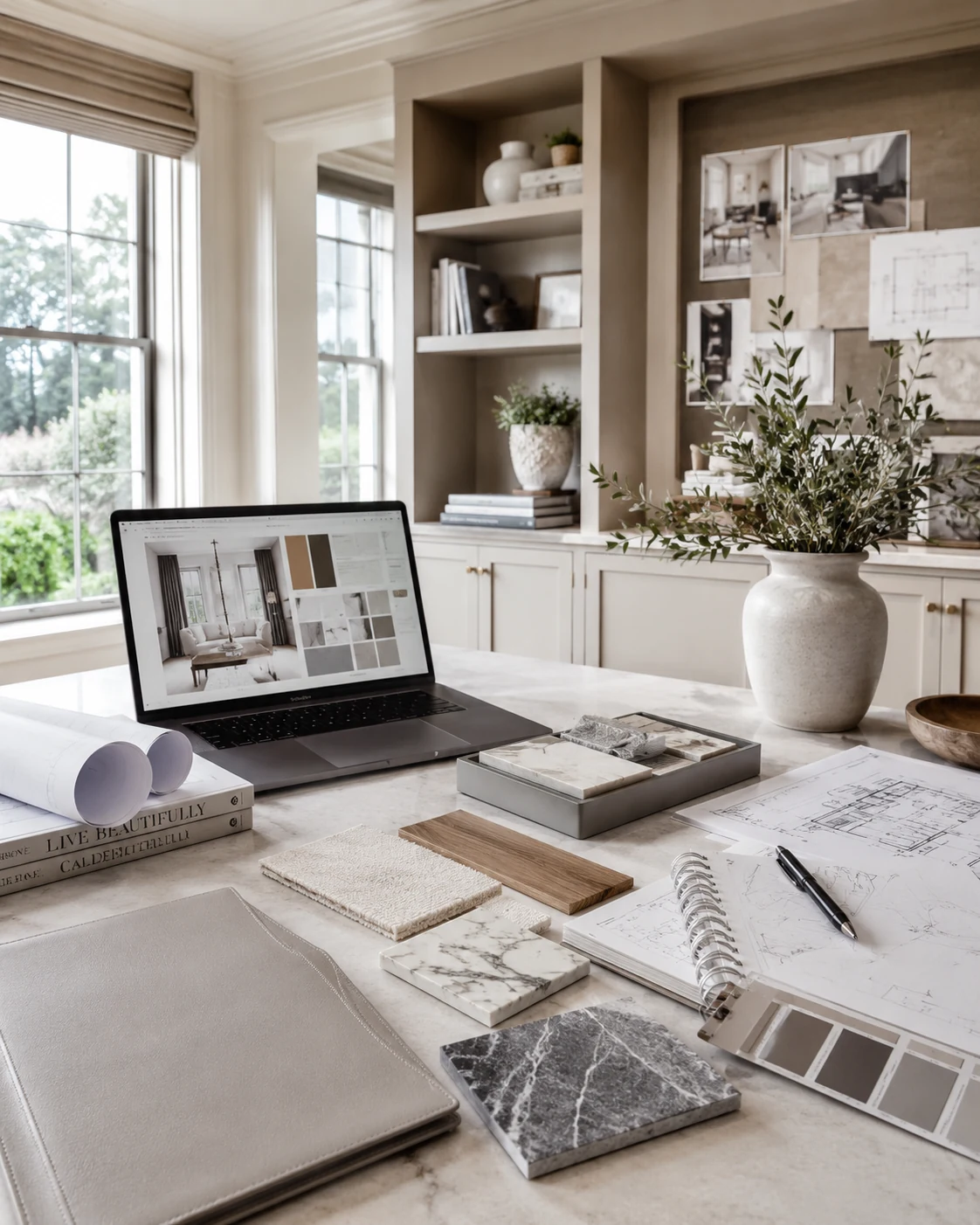 Дизайн интерьера consultation with plans, материалы, and coffee on a wooden table