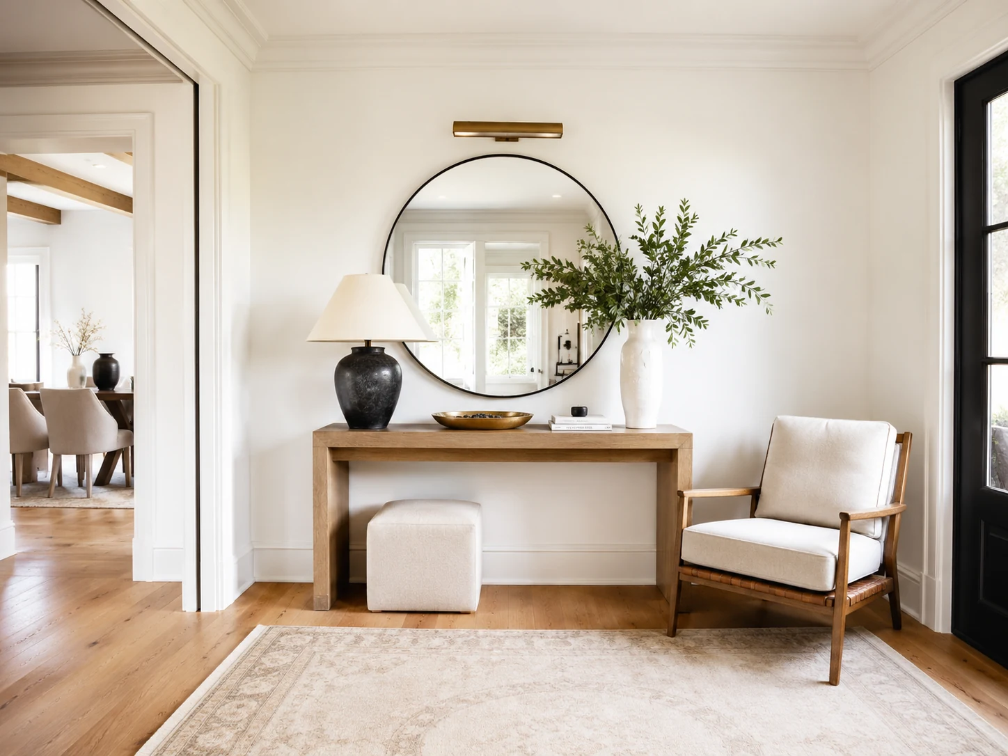 Finished warm minimalist living room after installation and styling