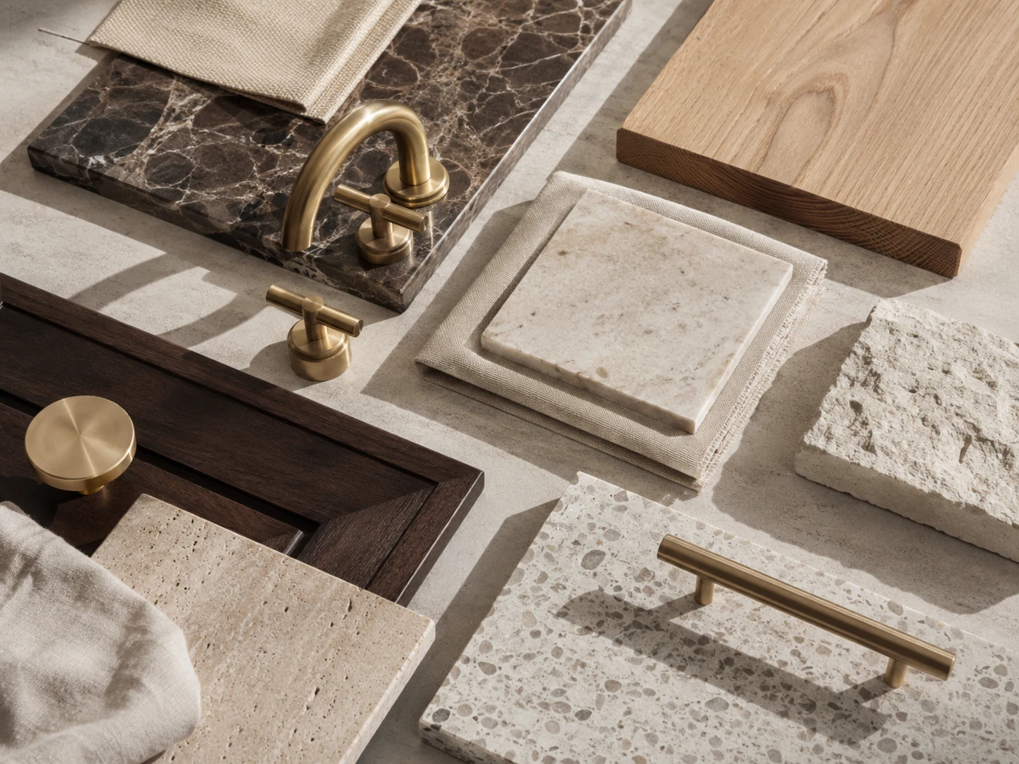 Дизайн интерьера sourcing материалы with brass, wood, marble, and textile samples